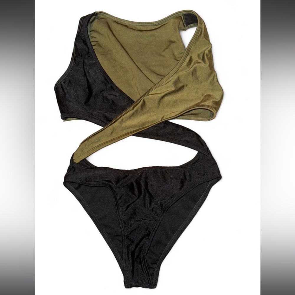 Olive and Black Cutout One-piece Swimsuit - Picture 3 of 5